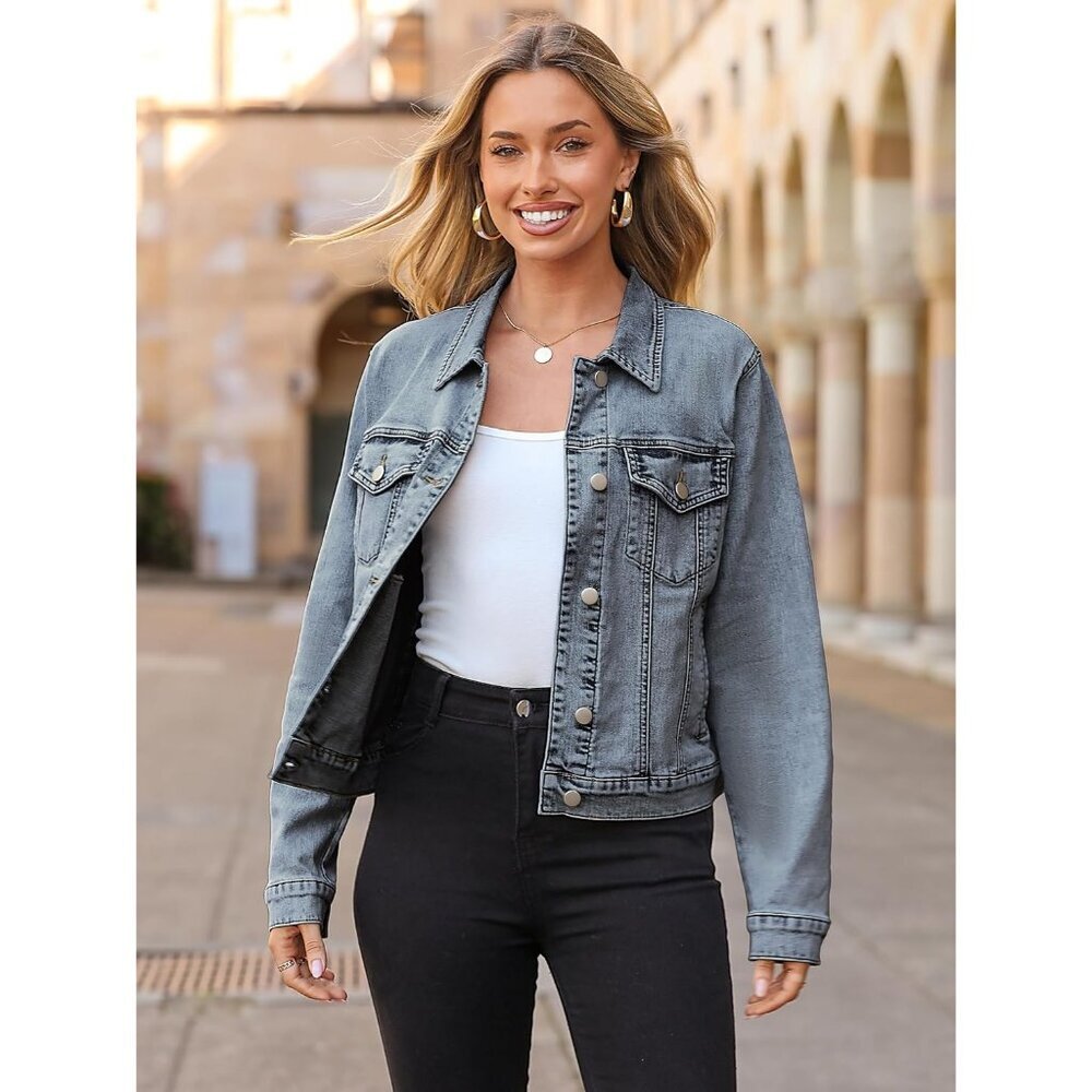 Women's Jean Jacket Long Sleeve Denim Jacket Button Down with Pockets Wash Blue - Picture 3 of 6